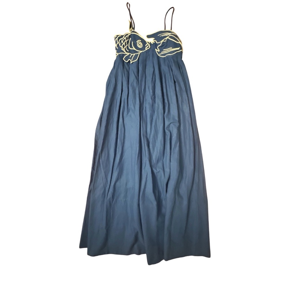 Navy Blue FarmRio Maxi Dress with white Embroidered Bodice